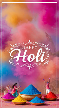 Image showing three people with bowls of colored powder, celebrating Holi. There is a background filled with colorful smoke clouds along with white text reading Happyの素材