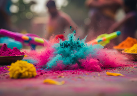 The picture shows a beautiful depiction of colors being thrown with water guns. The focus is on blue powder which has exploded, while other powders are displayed around it for an interesting effect.の素材