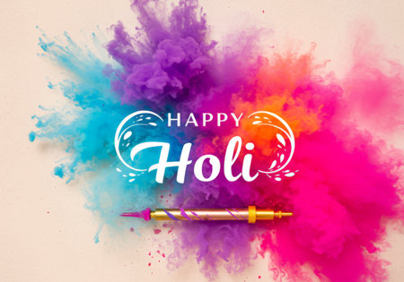 This picture is an advertisement for Holi. It contains a vibrant display of colors along with decorative designs, including flowers and swirls. In addition to this visual appeal, there are textual elements that enhance its overall message: Happy at the top left side and Holi on a curved design element in the center, both written in white font for better readability against the colorful background. The advertisement seems designed with modern aesthetics in mind, possibly targeting a younger audience interested in vibrant festivals or events like Holi.の素材