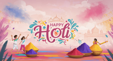 The illustration depicts a vibrant celebration of Holi, with colorful powders being thrown into the air. The background features traditional Indian architecture and bright colors that add to the festive atmosphere. Overall, it is an artistic representation of the joyous occasion of Holi.の素材