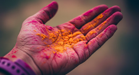 This picture shows a person&#39;s hand with colors on it. They appear to have been participating in some kind of festival or celebration involving throwing colored powders at people as they pass by. The background is blurry, making it impossible to tell where this activity took place. However, the wristband suggests that we might be looking at someone who has attended a concert or other public event recently and allowed them entry into said venue.の素材