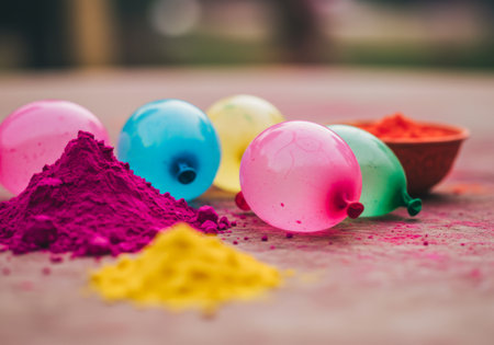 The picture shows several colorful balloons with some powder nearby, suggesting a fun atmosphere.の素材