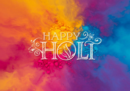 Happy Holi is displayed on a colorful background of orange, pink, yellow, blue, red and purple.の素材