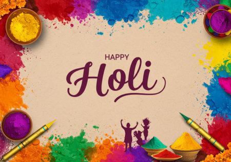 A poster with various colors of Holi powder, a gold colored dip pen used during rituals called Abanhi or Holikai Pahadi and some leaves on top. A few silhouettes are also drawn below which says Happy Holi written in bold font at the center.の素材