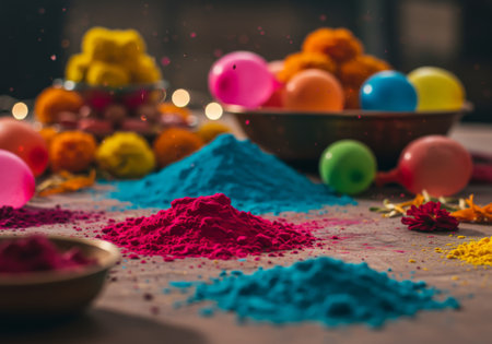 The picture displays a festive scene with various colorful items, including balloons, powders, flowers, and decorative elements. The background is blurred to emphasize these vibrant colors, creating an engaging visual representation of celebration or festivity.の素材