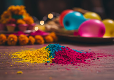 The picture shows colorful powder, balloons and marigold flowers on a table. The background is blurred with lights visible but no other objects are discernible or identifiable from this shot.の素材