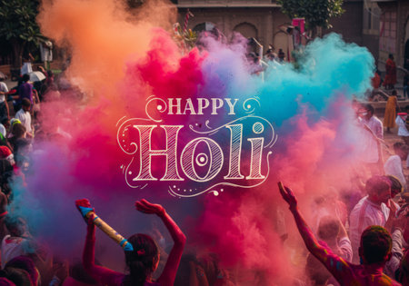 The photo depicts a celebration of Holi, with people throwing colorful powders into the air. The text Happyの素材