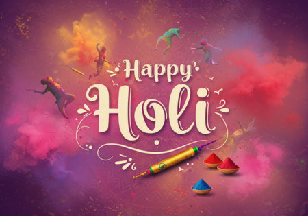 Holi festival celebration colorful with people throwing colors powder on a pink purple red background.の素材