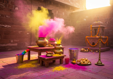 A traditional Indian puja with vibrant colors. The image is likely used to promote a religious or cultural celebration, such as Holi. It captures the essence of Hinduism through its depiction of ritualistic elements like flowers, diyas (oil lamps), and holy water pots. This scene could be part of advertising materials for spiritual retreats or festivals in India.の素材