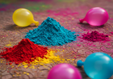 The picture shows colorful powders scattered on a surface, with balloons nearby. The colors include yellow, red, blue, pink, and orange. It suggests that it&#39;s from an event like Holi where people throw colored powder at each other as part of the celebration. Balloons are also used in this festival to make noise when popped by water or powder.の素材