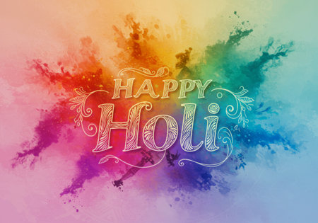 A colorful, artistic depiction of Holi with a text that reads Happyの素材