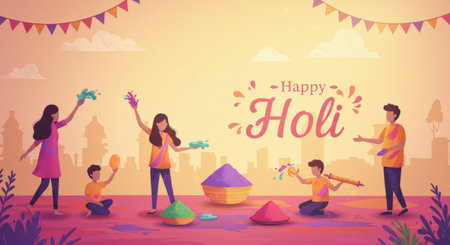 The illustration shows a group of children playing with Holi colors on an evening. They are surrounded by colorful powders, water guns, balloons, and bowls filled with color powder. The background features city silhouettes, flags, and the text Happyの素材
