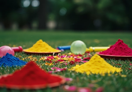 The picture shows a grassy field with piles of colored powders, flower petals scattered around. The scene is blurred out and colorful balloons are visible on one side.の素材
