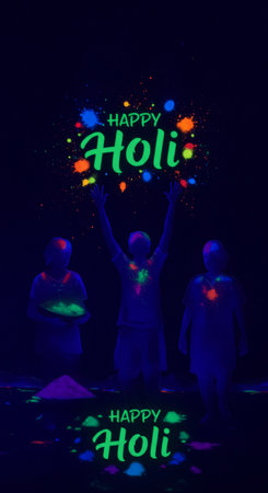 Children joyfully dance and splash in vibrant neoncolored water during the vibrant celebration of Holiの素材