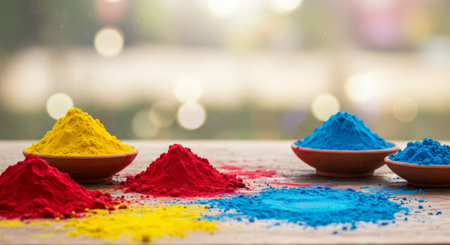 The picture shows four bowls containing colorful powders, as well as some of it spilled on a surface. The background is blurred with bokeh effect from lights or reflections.の素材
