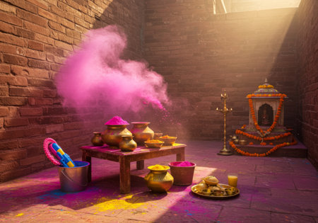 The photograph depicts a vibrant celebration of Holi, with colorful powders scattered on a brick floor. A pail filled with pink powder sits next to a table laden with more containers holding yellow powder. Sunlight streams through unseen openings, highlighting the festive atmosphere and creating shadows that enhance depth. The background features an ornate shrine adorned with orange flowers and lit by two brass lamps, while additional flower garlands decorate it. Smoke billows upward from one of the pails on a table in front of this sacred structure.の素材