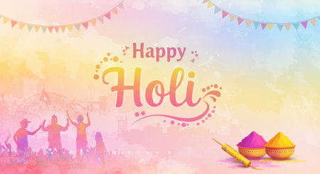 The picture illustrates a festive scene, with Happyの素材