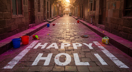 A narrow street with red-painted bricks is lined on both sides by old buildings. On a brick pavement painted pink, Happyの素材
