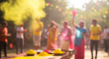 The photo shows a group of people at what appears to be a celebration or festival, with colorful powders being thrown into the air. The background is blurred due to motion blur effects created by intentional camera movement during exposure. This technique emphasizes the vibrant colors and dynamic energy of the scene while adding an artistic touch.の素材