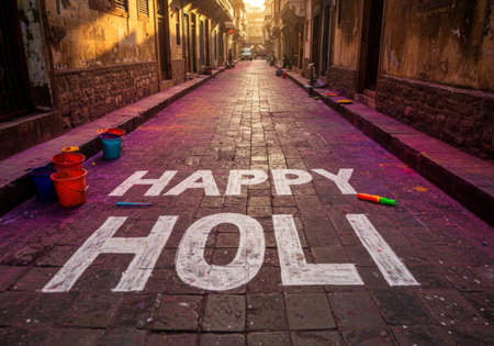 A narrow street is decorated with buckets of colored powder, some having already been used on Holi. White letters spell out HAPPYの素材