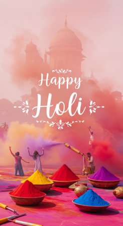 The picture is celebrating Holi, an Indian festival of colors. It shows people playing with different colored powders as a man uses a blowpipe to spray red powder into the air while others raise their hands up showing joy on this day which symbolizes happiness and social harmony in India where Hindus celebrate it by throwing colorful powders at each otherâs faces.の素材