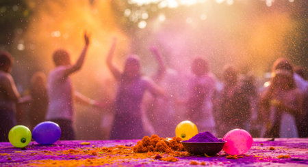 The picture shows people enjoying a vibrant festival with colorful powders, balloons, and traditional decorations. The atmosphere is lively and joyful as everyone participates actively.の素材