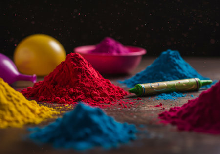 Colored powders, a green marker, balloons, bowls, on dark surface.の素材