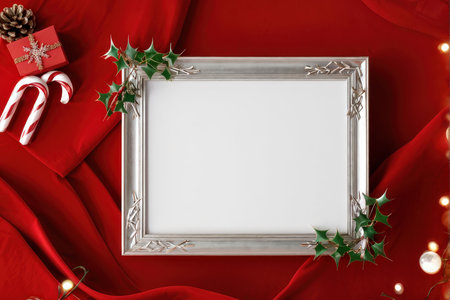 A festive Christmasthemed composition with holly and candy canes on a red backgroundの素材