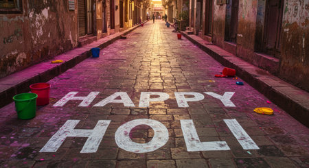 Holi is a festival of colors, where people throw colored powders at each other as part of their celebration. The picture shows an empty street with colorful buckets on it, suggesting that Holi might be happening soon or has just ended there.の素材