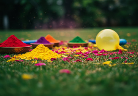 The scene displays a green lawn scattered with colorful powders, likely from Holi celebrations. Various vibrant bowls hold additional powder, while yellow flower petals are strewn across the grassy surface, adding to the festive atmosphere. A lone white balloon is visible on the right side of the image, enhancing the lively and celebratory mood depicted in this composition.の素材