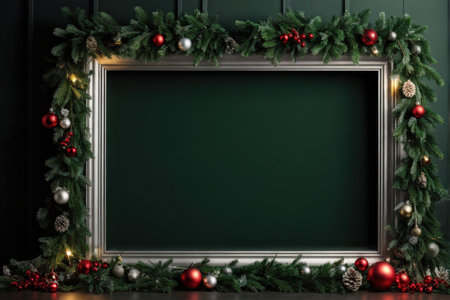 A framed board adorned with Christmas decorations on a dark green wallの素材