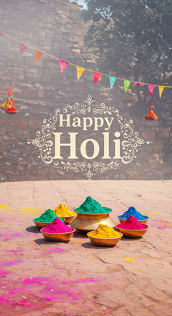 This picture is showing a wall with few colorful flags on it. We can see bowls which are containing powder colors, which are placed at top of an object. Background we can see tree. Top right side there is some decorative text written as Happyの素材