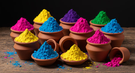 This picture shows many small bowls with different colors of powder. These colorful powders are often used during festivals like Holi to play on each other&#39;s faces and bodies, making it a very messy activity! However, these colored powders can also be applied as paint for traditional Indian dresses called sarees or churidar suits made from cotton fabrics such as sari silk (zari), khadi etc.の素材