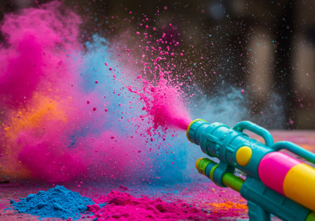A colorful powder cannon is shooting pink, blue and yellow powder. The background has a blurry effect on it with more of these powders all over the ground and slightly dispersed into air creating an overall festive look.の素材
