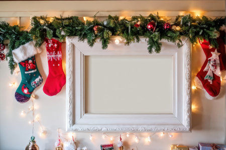 A festive Christmas mantel adorned with stockings and garlandの素材