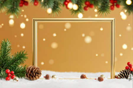 A festive golden frame surrounded by holiday decorations on a snowy surface with warm glowing lights in the backgroundの素材