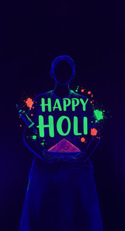 A vibrant Holithemed scene featuring a man crafting art with colored powder while an artistic glow surrounds him, exuding festive spiritの素材