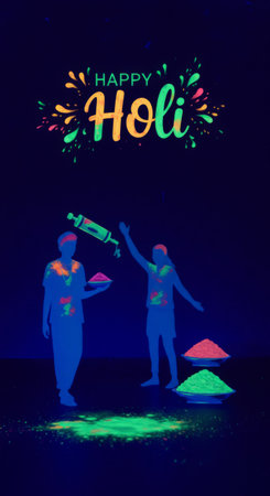 The vibrant colors of Holi celebrate love and unity through lively silhouettes in neon hues, mixed with playful powder splashesの素材