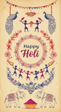 Holi celebration featuring colorful elephant and peacock decorations, joyful people dancing under vibrant sunの素材