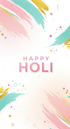Vibrant colors and festive Happy Holi message in digital art invite to celebrate this joyful Hindu festival with vibrant paint strokes and bold lettersの素材