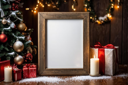 A festive Christmas scene with a blank photo frame in the foregroundの素材