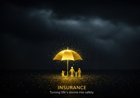 A golden, protective umbrella over a group of people against a stormy backdropの素材