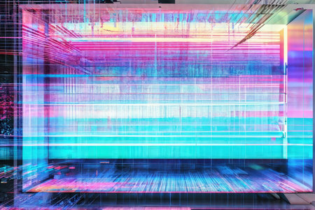 A futuristic digital cityscape overlaying an urban sceneの素材