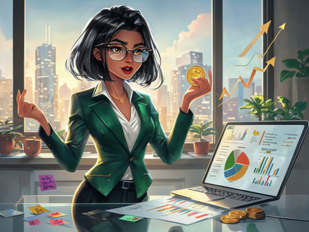 A professional woman celebrating financial success with cryptocurrency in an office environmentの素材