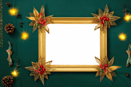 A festive Christmasthemed photo frame surrounded by holiday decorations on a green backgroundの素材