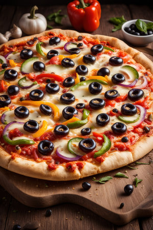A colorful vegetable pizza on a wooden board with various toppings such as olives and bell peppersの素材