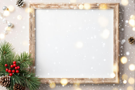 A rustic wooden picture frame adorned with holiday decorations and lightsの素材