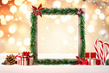 A festive Christmas display with a square frame adorned with pine garlands and ornaments, surrounded by presents and candy canes on a snowy surfaceの素材