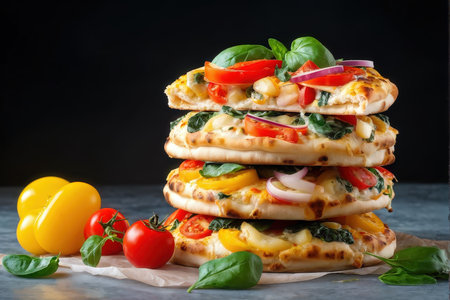 A stack of vegetable pizzas with bell peppers and basil leaves on a dark backgroundの素材