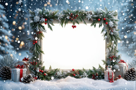 A winter Christmas display with a snowcovered frame adorned by greenery and red berries, surrounded by wrapped gifts in white boxes with festive decorationsの素材